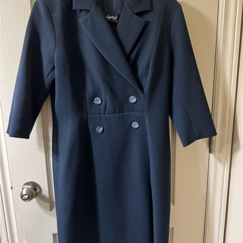 Navy Long Sleeve Double-Breasted Midi Dress